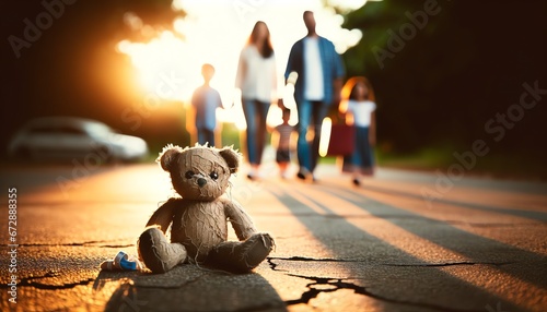 A teddy bear sits abandoned on a cracked street, its plush form a stark contrast to the harsh asphalt. In the blurred background, a family walks away, unaware or perhaps moving on. photo