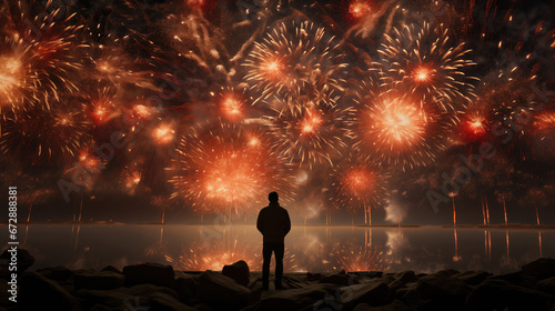 Silhouette of a man looking at fireworks in the night sky