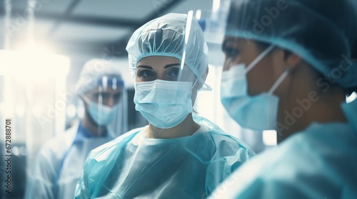doctors in protective masks and caps during surgery. photo