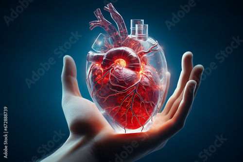 Doctor holding neon glowing 3d heart in hand