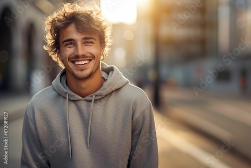 AI generated illustration of a cheerful young man in a gray hoodie standing in a sunlit street