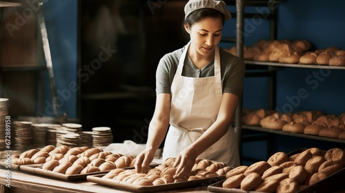 Bakery worker selling fresh tasty pastry and bread in a bakery shop.