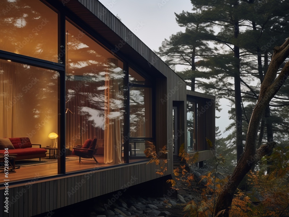 Fototapeta premium Modern Architecture - a residence on Rocky Mountain surrounded by colorful foliage.