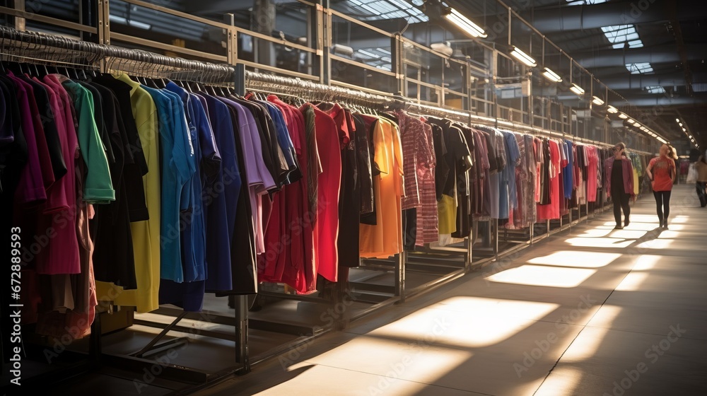 Fabric Warehouse. Fashion Clothes Warehouse. New or used clothes in racks and hangers. Transportation hub with clothes. - obrazy, fototapety, plakaty 
