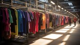 Fabric Warehouse. Fashion Clothes Warehouse. New or used clothes in racks and hangers. Transportation hub with clothes.