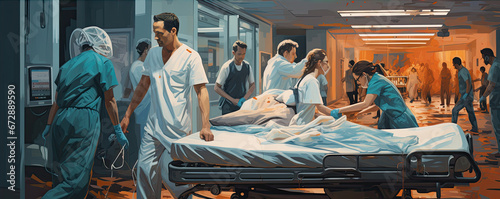 Emergency scene. Medical personal pushing or making surgery patient on gurney in a hospital clinic. illustrative style.