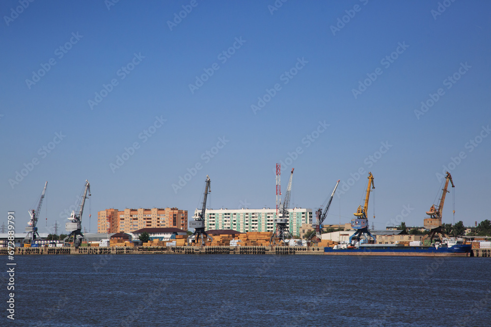 Landscape with a river port, Volga River.