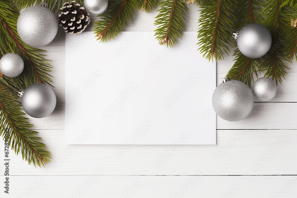 Fototapeta premium Top View Christmas Border with Fir Branches and Decoration Ornaments on White Wooden Background with Empty Paper - Created with Generative AI Tools