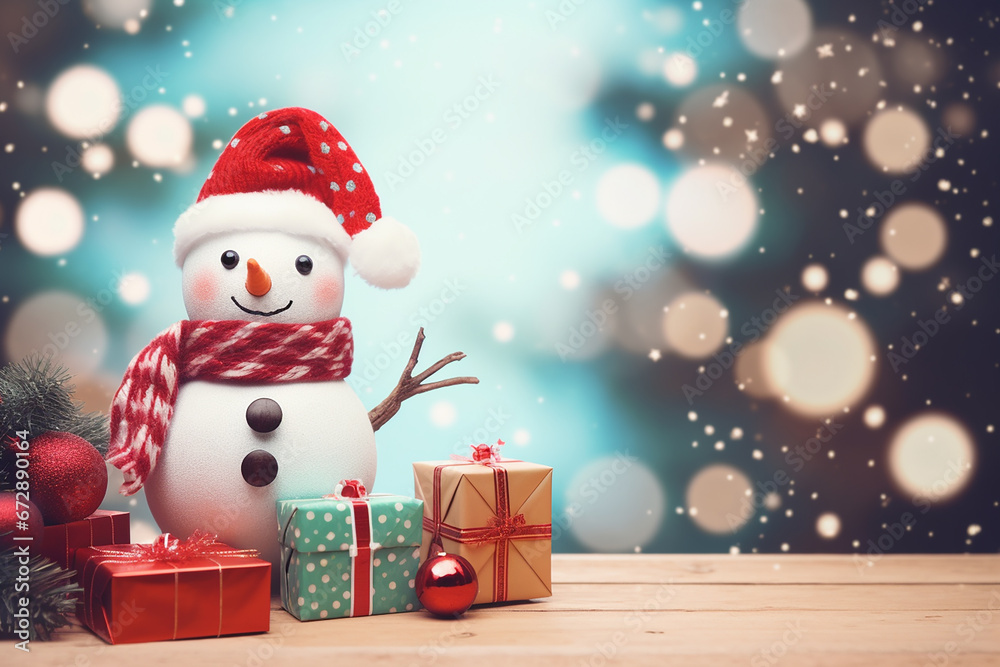 Cute Snowman Claus Doll with Copy Space on Vintage Christmas Tree Background - Created with Generative AI Tools
