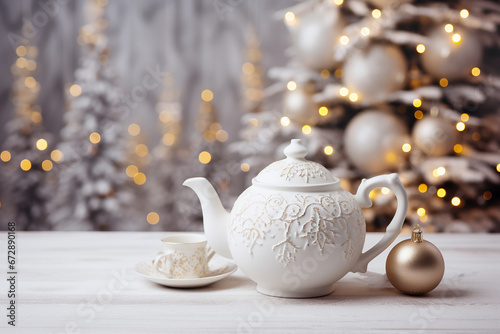Colorful Christmas Background with Teapot and Decorated Christmas Tree - Created with Generative AI Tools