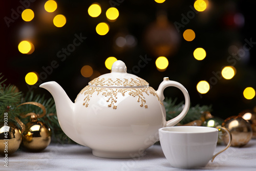 Colorful Christmas Background with Teapot and Decorated Christmas Tree - Created with Generative AI Tools