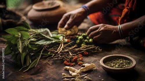 man preparing spices and medicinal herbs. photo