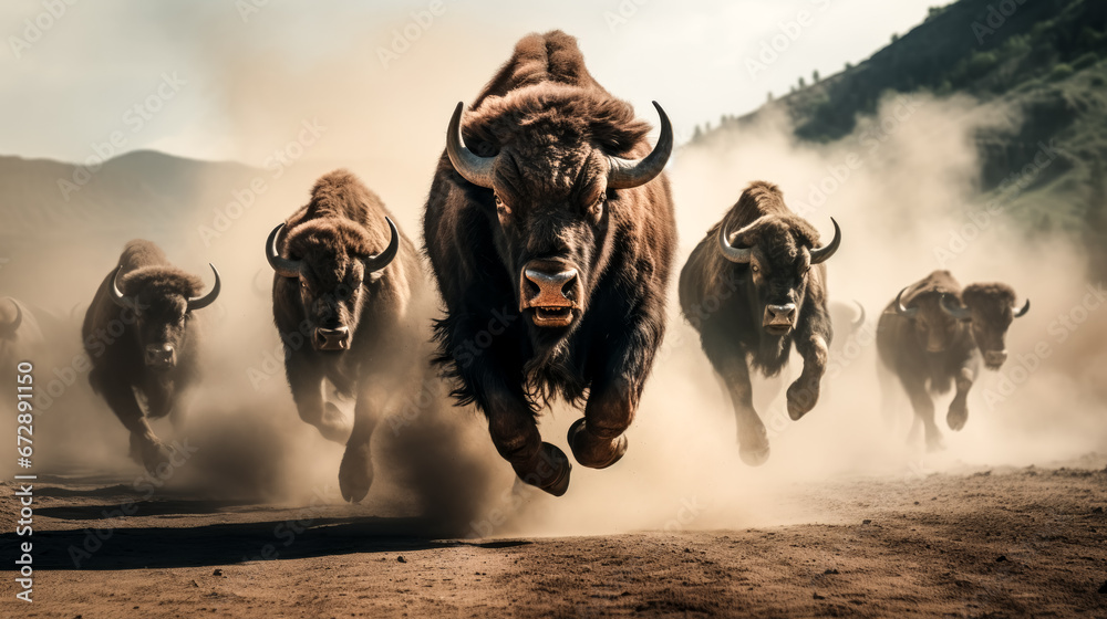 A herd of buffalo stampeding through a dusty valley, creating a cloud of dust behind them. - obrazy, fototapety, plakaty 