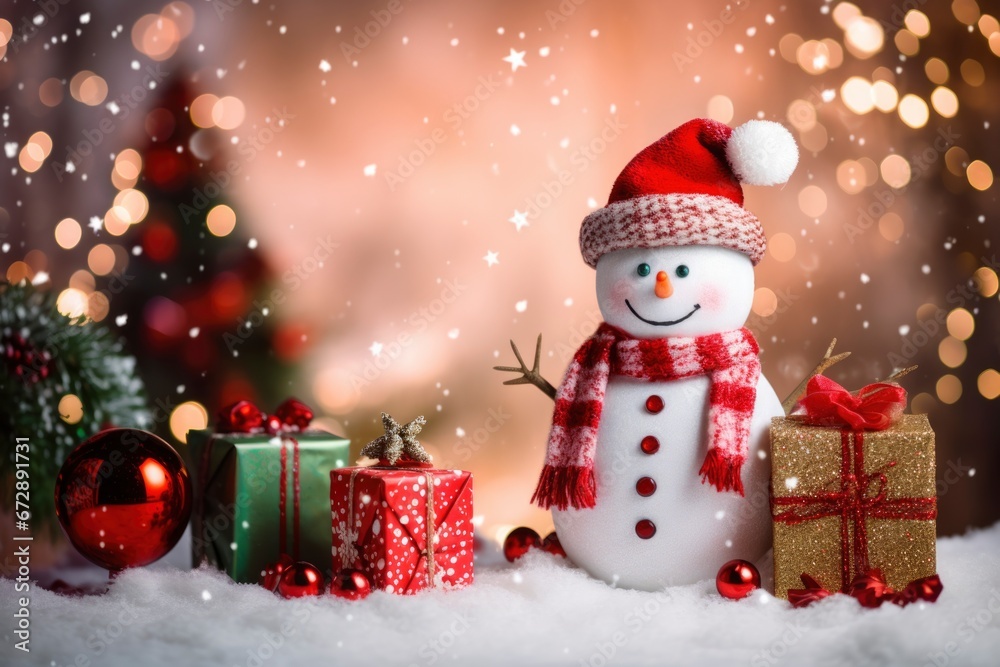 Snowman with christmas tree and gifts