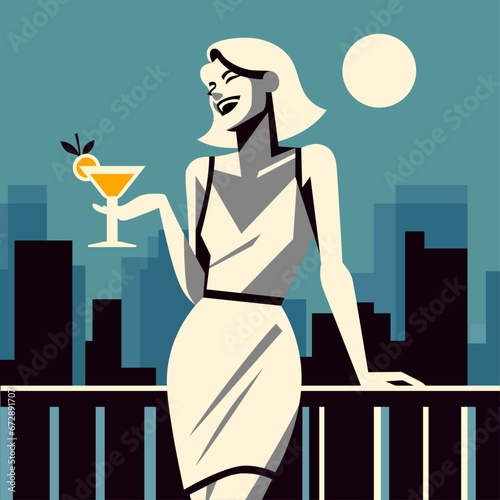 Woman at a rooftop party, depicted with minimalistic charm and a touch of whimsy vector illustration, Lady at a urban city view party stock vector image