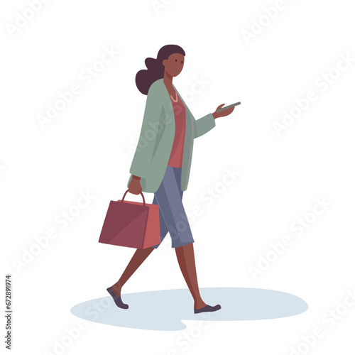 Woman walk and go about business. looks at his phone. Full body flat women on white background. Vector illustration isolated in flat style