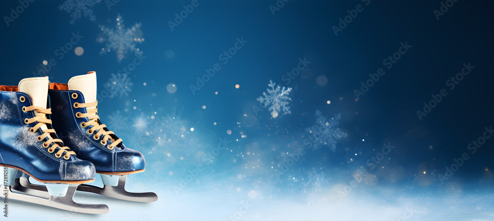 Christmas ice skates on blue background	 - obrazy, fototapety, plakaty 