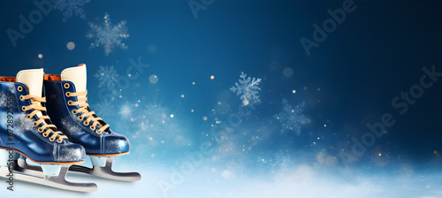 Christmas ice skates on blue background	 photo