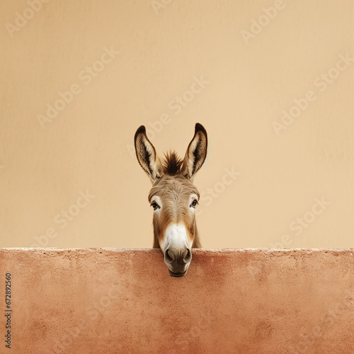 A photo of a donkey or mule, on a neutral beige background