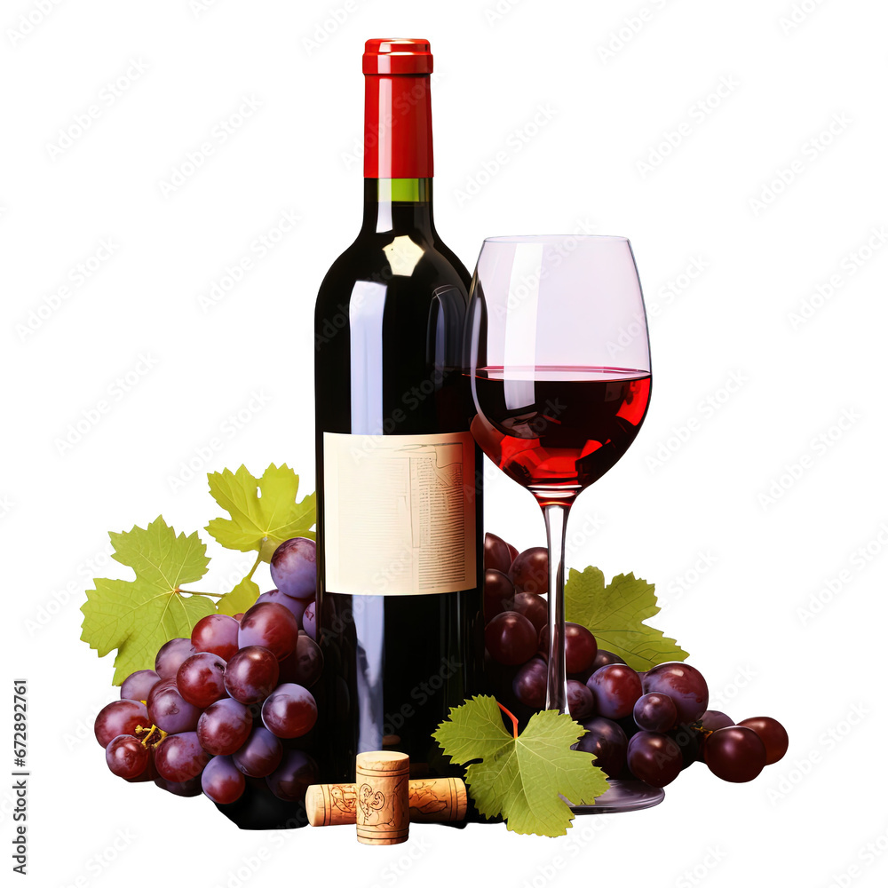 Red Wine Bottle with Grapes: Isolated PNG on Transparent or White Background