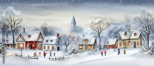 Christmas card, village houses in winter snow landscape,kids making snowman, snowflakes falling from sky
