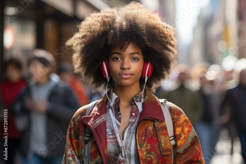 African-American boy with wireless headphones walking around the city