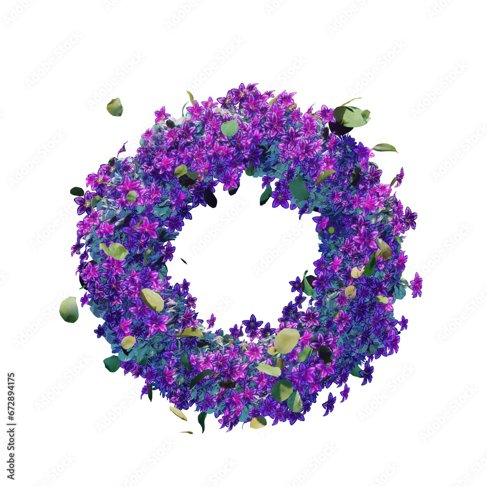 Flower spring wreath witj leafs on transparent. top view