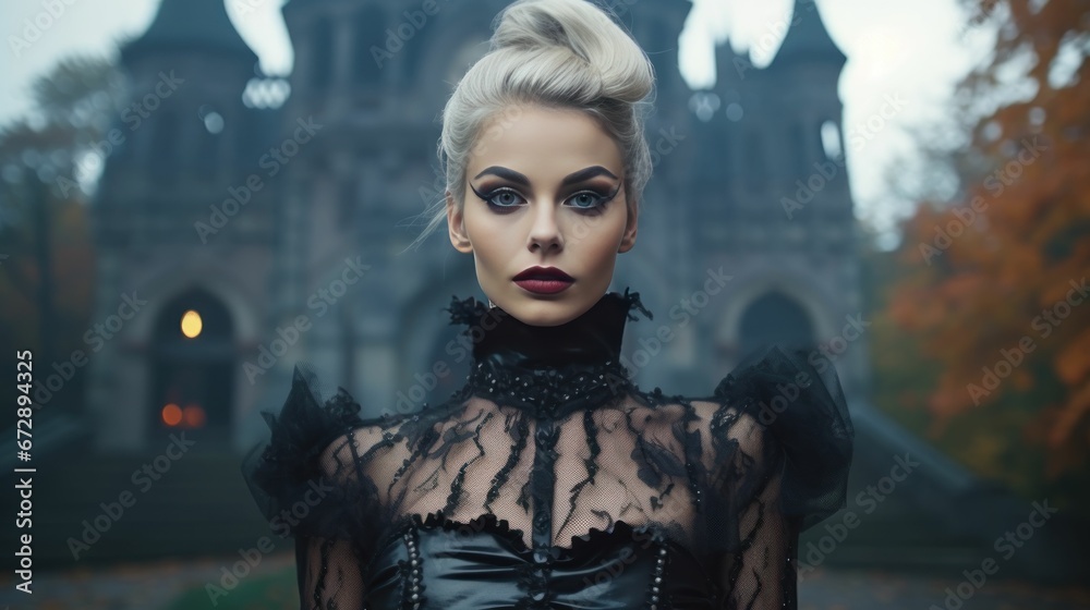 Fototapeta premium Woman in vintage party costume standing in front of a castle and starring 