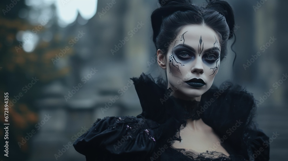 Woman with halloween inspired scary makeup and costume looking like a spooky witch Woman with halloween inspired scary makeup and costume looking like a spooky witch