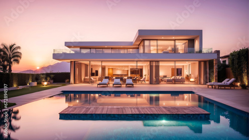 A modern luxury villa with a pool and a fantastic sunset in the background. © AMERO MEDIA