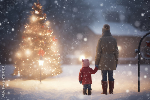 In a picturesque rural village, a mother and her son hold hands as they gaze upon a beautiful illuminated Christmas tree, all under a gentle evening snowfall. The holiday season has arrived. photo