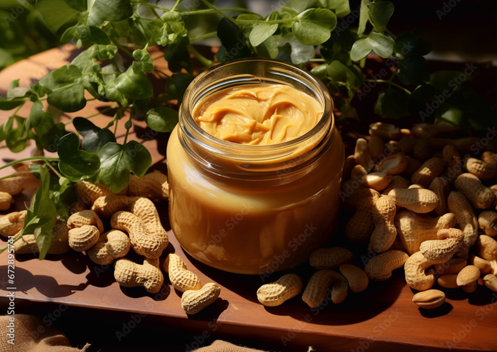 Jar with peanut butter with peanuts on wooden background.Macro.AI Generative. Jar with peanut butter with peanuts on wooden background.Macro.AI Generative.