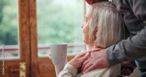 Home, holding hands and senior couple with support, coffee and love with healing, rehabilitation and recovery. Apartment, pensioner and elderly man with old woman, cancer and dementia in a lounge photo