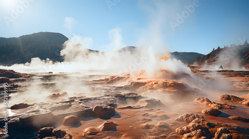 A photo of geothermal geysers, with billowing steam as the background, during a volcanic eruption