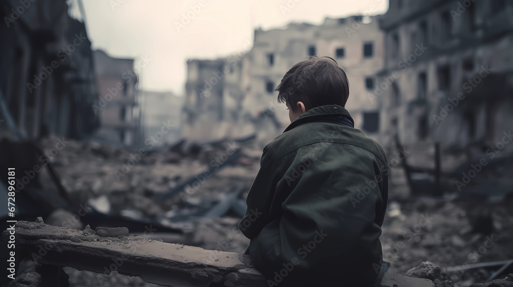 lonely child in the destroyed city after the war