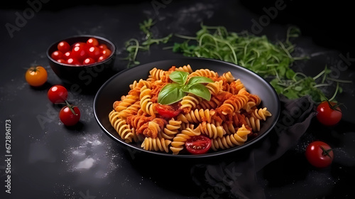 Fusilli pasta with tomato sauce, cherry tomatoes, lettuce and herbs on a black concrete background