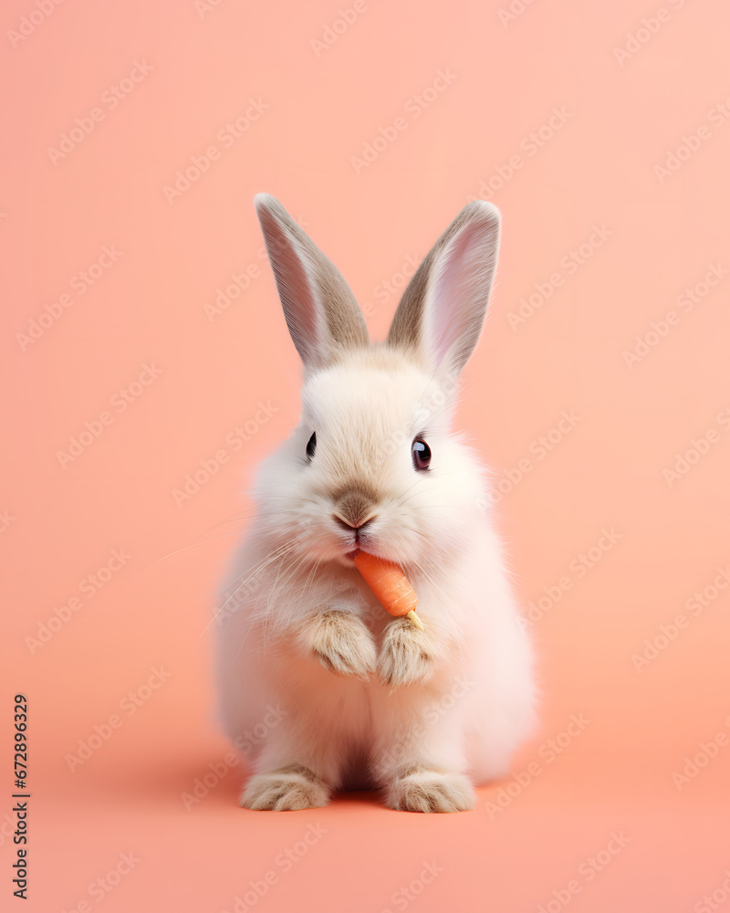 White adorable bunny with carrot in mouth, Easter holidays traditional greeting card.