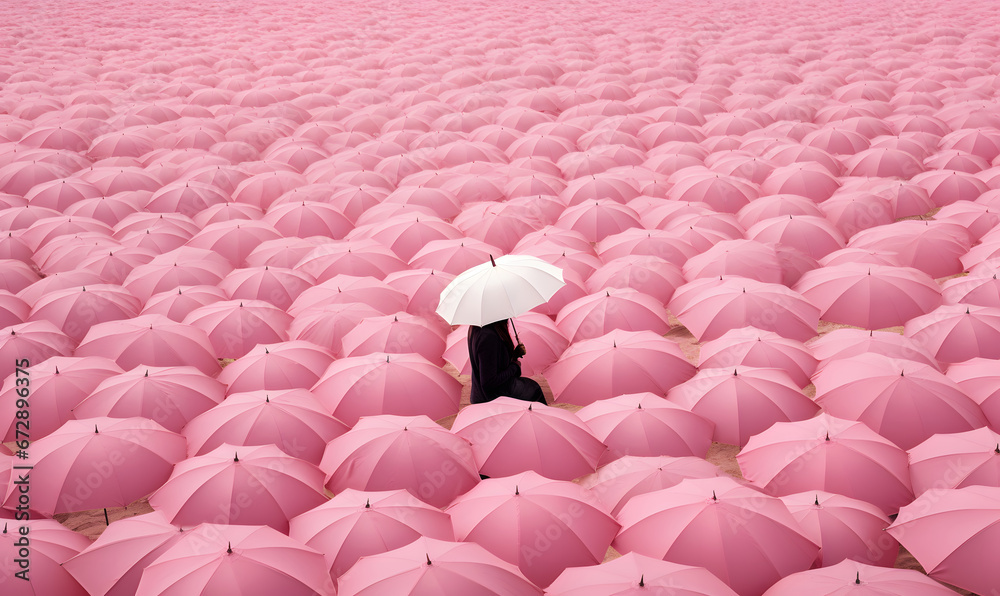 Fototapeta premium A woman in black carries a white umbrella in a crowd of pink umbrellas, creative aesthetic concept, standing out in the crowd, being unique and your own.