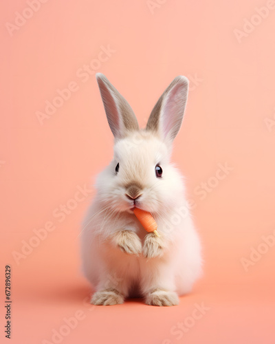 White adorable bunny with carrot in mouth, Easter holidays traditional greeting card. © Biancaneve MoSt