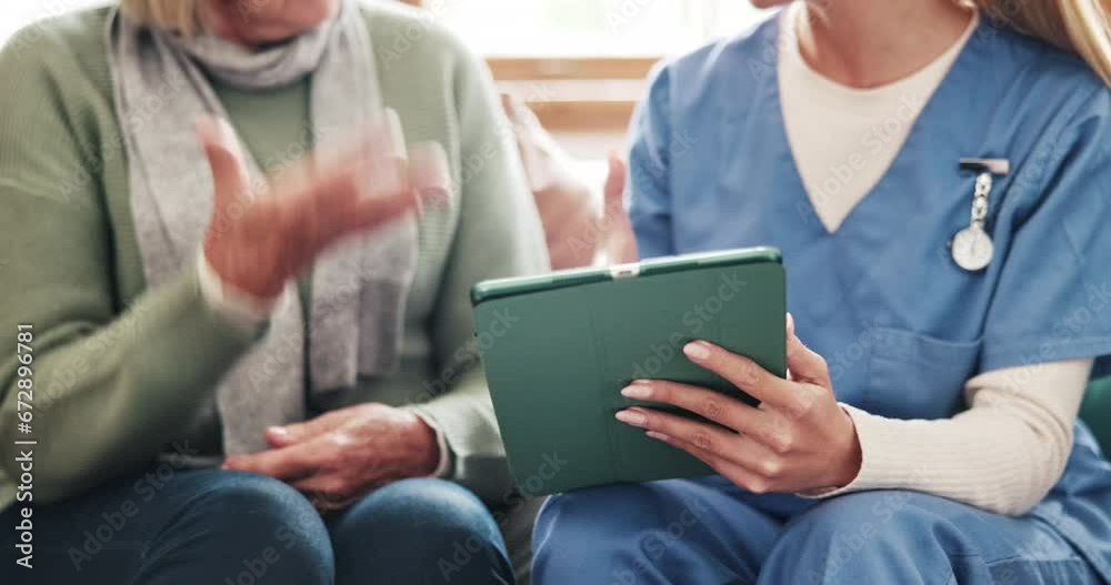 Hands, woman or doctor with good news, tablet results or report history talking in consultation. Online, relief or nurse closeup with medical update, clearance or help for a patient in clinic service