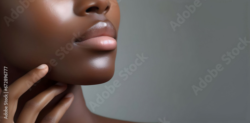 Close up of woman with dark skin tone, healthy beautiful skin on gray background, copy space. photo