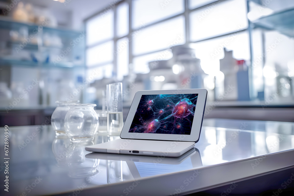 A laptop in a pharmacological laboratory. Development of the latest medicines. A laptop in a pharmacological laboratory. Development of the latest medicines.