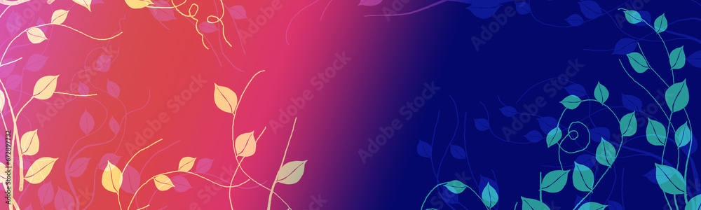 Red and Blue gradient background with branches, seamless pattern. Wavy floral corners frame texture. Delicate old-fashioned square ornate. Simple texture with leaves and curved branches.