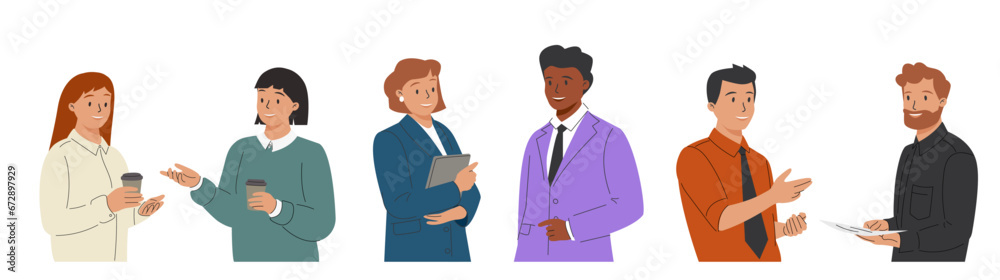Set of multiethnic people talking or speaking. Collection of chatting couples with speech bubbles. Men and women meeting