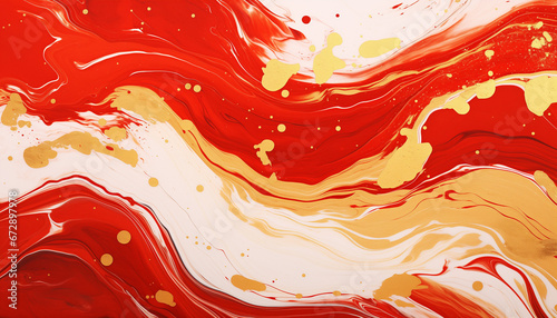 Marble ink painting texture on a luxury background banner - Red waves, swirls, gold painted splashes, 3d lines. AI generated.