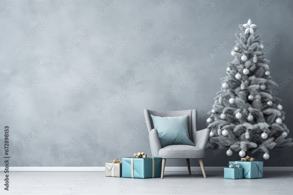 Beautiful Christmas tree with gifts near blue textured wall. Monochrome empty living room. Wall scene mockup. Winter background, Generative Ai Beautiful Christmas tree with gifts near blue textured wall. Monochrome empty living room. Wall scene mockup. Winter background, Generative Ai