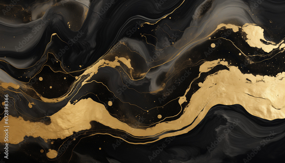 Marble ink painting texture on a luxury background banner  - Black waves, swirls, gold painted splashes, 3d lines. AI generated.