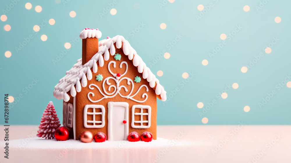Gingerbread house on a winter background. Celebrating Christmas. New Year's celebration. 