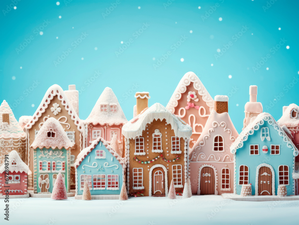 Christmas village of gingerbread houses in blue tones. Celebrating Christmas. New Year's celebration. 