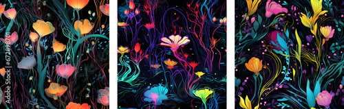 A set for printing seamless patterns showcasing vibrant flowers and dynamic streaks of color, creating a vivid and energetic ambiance reminiscent of a nocturnal garden in bloom. Design for print